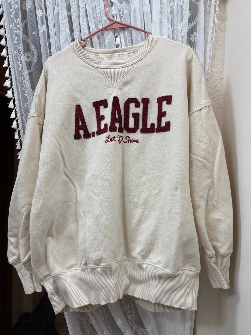 American Eagle Outfitters Cream Waffle-Knit Top with Green Logo